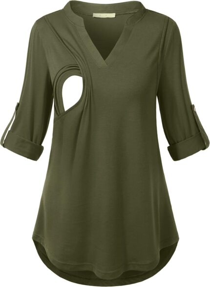 Olive green notch V-neck nursing blouse