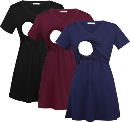 V neck nursing tops for breastfeeding in black, burgundy and navy