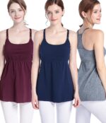 Models wearing burgundy, navy and grey maternity tanks
