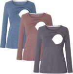 Denim blue, mauve and charcoal nursing tops with nursing opening