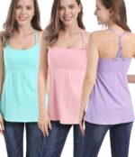 Models wearing aqua, pink and lavender breastfeeding camis