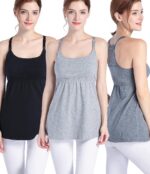 Models wearing black and grey nursing tanks with back view
