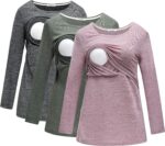 Charcoal, olive and pink heather crew neck nursing tops
