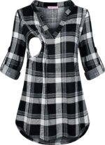 Black and white plaid long sleeve nursing top