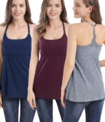 Models in navy, burgundy and grey nursing tank tops