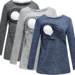Long sleeve nursing tops 3 pack in grey, light grey and blue