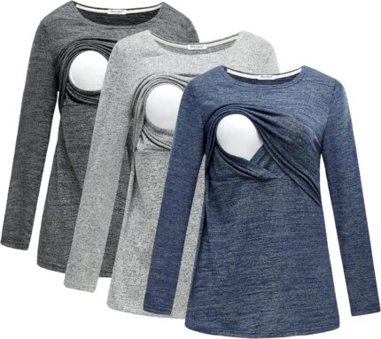 Long sleeve nursing tops 3 pack in grey, light grey and blue