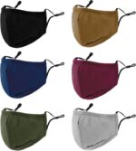 3 layer cloth face mask 6 pack in black, brown, navy, wine red, green and grey