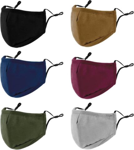 3 layer cloth face mask 6 pack in black, brown, navy, wine red, green and grey