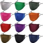 Assorted bright-color cloth masks arranged in rows