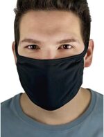 Man in a gray T-shirt wearing a black knit cotton face mask