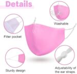 Mask details showing the filter pocket, washable fabric and adjustable ear straps
