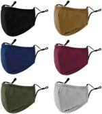 Six solid-color cloth masks with ear loops arranged in a grid