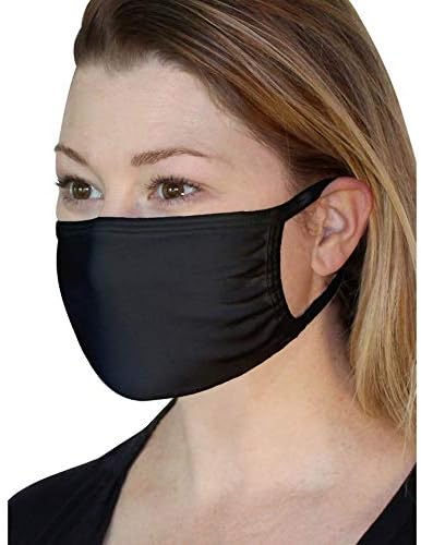 Woman wearing a black cotton face cover with over-the-ear loops, side view