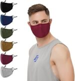 Man wearing a wine red cloth mask beside six color swatches