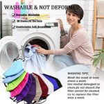Woman loading a washing machine beside colorful cloth masks with washing tips