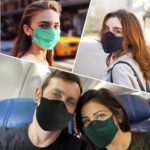 Adults wearing black, navy and green cotton face masks outdoors
