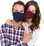 Couple wearing navy and burgundy cloth face masks