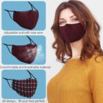 Woman wearing a burgundy cloth mask with feature callouts