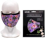 Hummingbird print mask shown on a display head beside its package