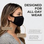 Woman wearing a black mask with all-day wear callouts