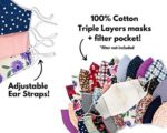 Close-up of adjustable ear straps and the filter pocket on triple-layer cotton masks