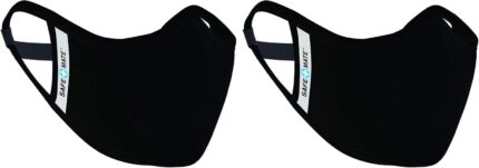 Two black Safe+Mate L/XL cloth masks side by side