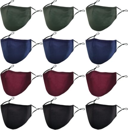 Twelve masks in green, navy, burgundy and black