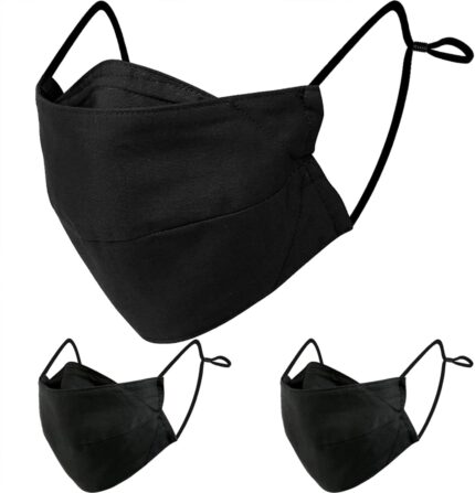 Black contoured cloth mask shown in two sizes