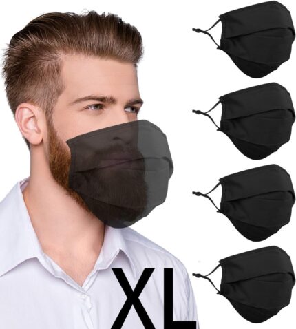 Bearded model in an all-black XL cotton mask beside a black 4 pack