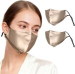 Taupe mulberry silk masks 2 pack, worn and flat views