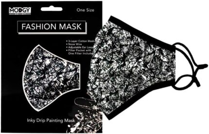 Inky black and white abstract print mask next to its retail package