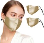 Gold silk mask 2 pack with ear straps, worn and flat views