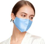 Light blue 22 momme silk mask shown on a woman, side view