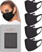 Model in a black stretch mask beside a boxed set of four black masks
