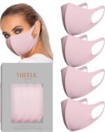 Four pink stretch masks with a model wearing pink and the gift box