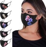 Five black ice silk masks with pink and purple flower prints, one worn by a model