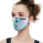 Light blue patterned cotton face mask with a black ear loop