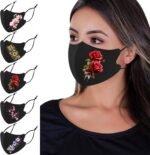 Black ice silk mask with a red rose print plus four matching floral masks