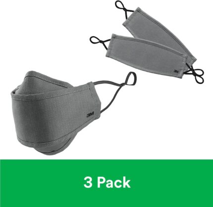 Three gray 3M cotton face masks with adjustable ear loops laid out flat