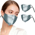 Dusty blue silk masks 2 pack, one worn and two shown flat