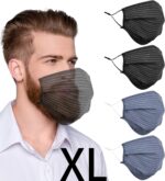 Man wearing a dark pinstripe XL mask next to striped navy and black masks