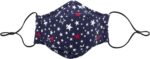 Navy face mask with white and red stars and black ear loops