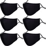 All-black set of six fitted cotton masks with adjustable ear straps
