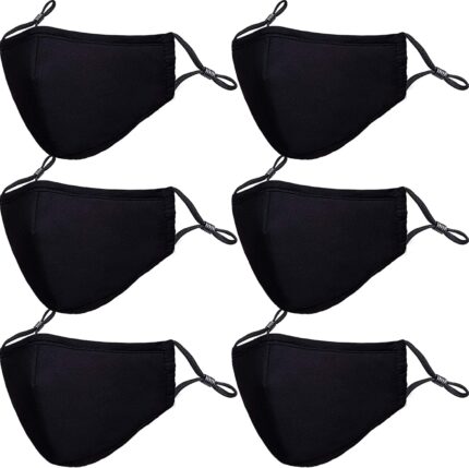 All-black set of six fitted cotton masks with adjustable ear straps