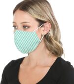 Model in a green gingham double layer face mask