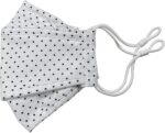 White polka dot cotton face mask folded flat with ear loops
