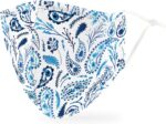 Blue paisley pattern reusable cloth mask on a white background