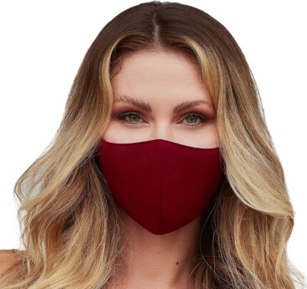 Burgundy 3-layer Mask By Design face mask worn by a woman, front view