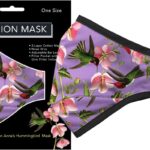 Art print cotton face mask with hummingbirds and pink flowers on lavender